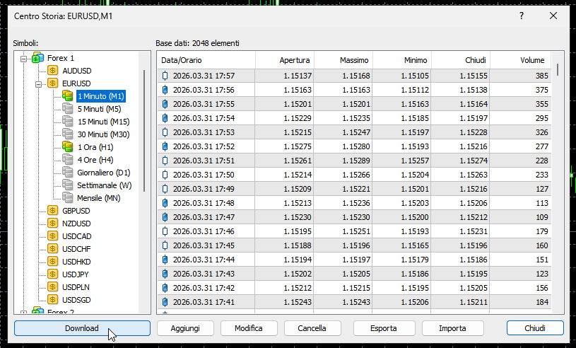 Placeholder screenshot: finestra download dati storici